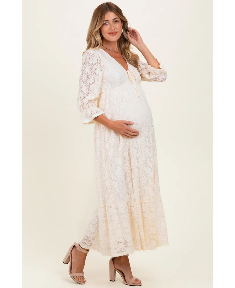 Pinkblush Maternity Ivory Floral Lace 3/4 Ruffle Sleeve V-Neck Maxi Dress