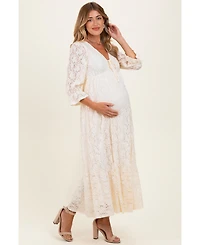 Pinkblush Maternity Ivory Floral Lace 3/4 Ruffle Sleeve V-Neck Maxi Dress