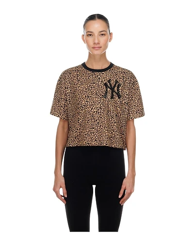 New Era Women's Brown York Yankees Leopard Boxy Cropped T-Shirt