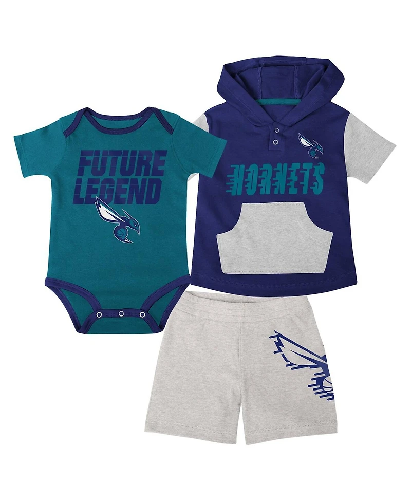 Outerstuff Baby Boys and Girls Teal/Purple/Gray Charlotte Hornets Bank Shot Bodysuit, Hoodie T-Shirt Shorts Set