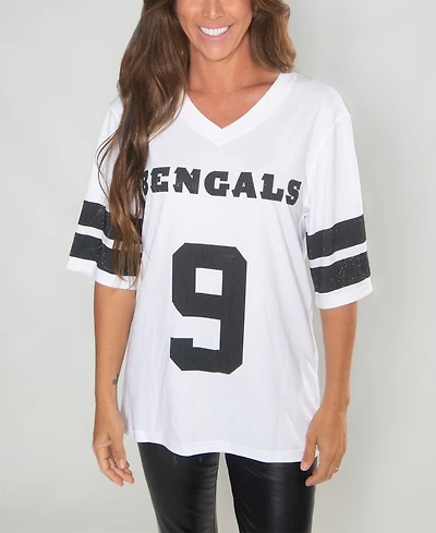 Cuce Women's Joe Burrow White Cincinnati Bengals Crystal V-Neck Tunic Top