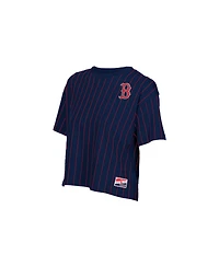 New Era Women's Navy Boston Red Sox Throwback Meshback Pinstripe Boxy T-Shirt