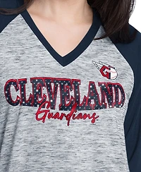 G-iii 4Her by Carl Banks Women's Navy/Heather Navy Cleveland Guardians Speed Training 3/4-Sleeve Rhinestone V-Neck T-Shirt