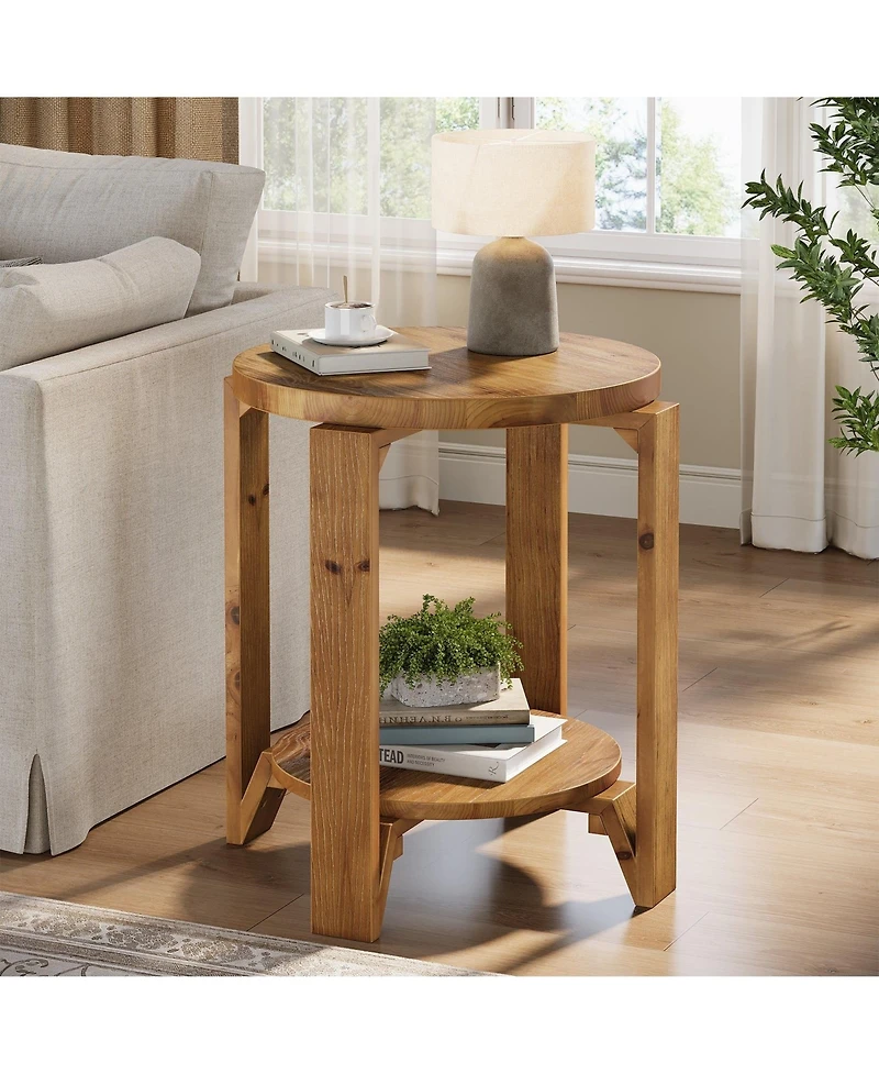 Slickblue 2 Tier Round Sofa Side Table with Storage Shelf Solid Wood Design
