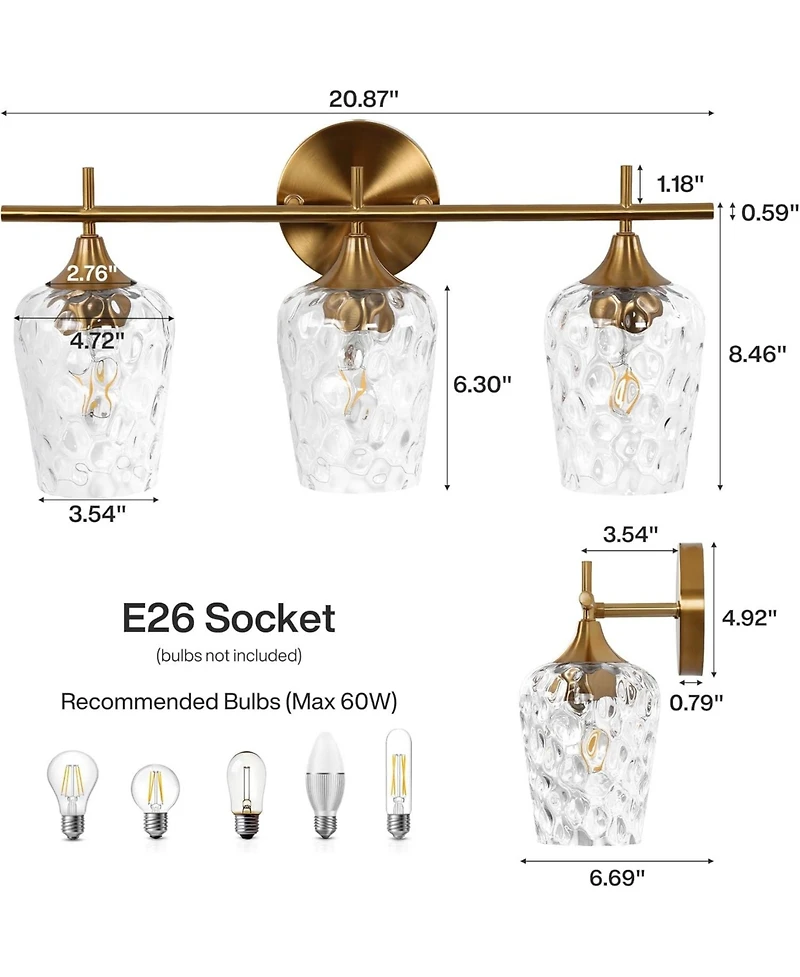 Tribesigns 3-Light Bathroom Vanity Light, Brushed Brass Vanity Light Fixtures Over Mirror with Water Ripple Clear Glass Shades