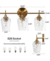 Tribesigns 3-Light Bathroom Vanity Light, Brushed Brass Vanity Light Fixtures Over Mirror with Water Ripple Clear Glass Shades