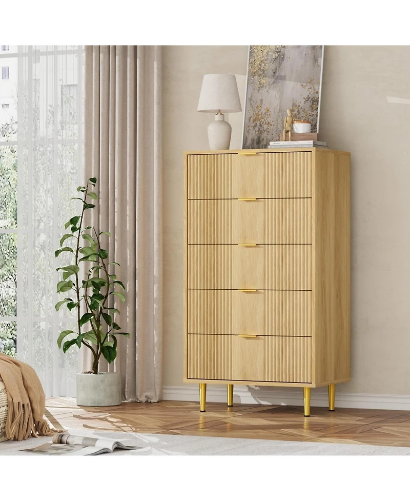homfan Fluted Dresser with 4/5/6 Drawers, Modern Wood Storage Chest with Metal Handles for Bedroom, Living Room, Hallway, or Entryway