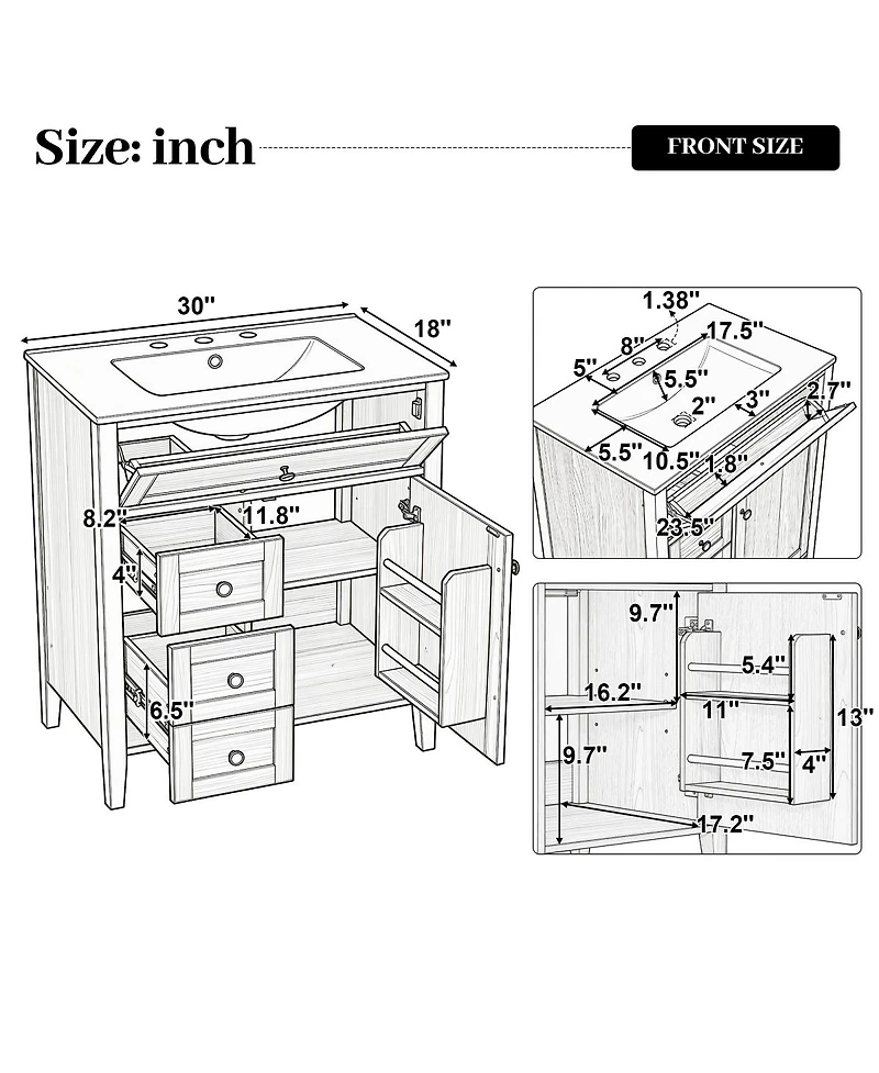 Sillysis 30 Inch Bathroom Vanity with Ceramic Sink, Rustic Wood Grain Cabinet, Soft Close Drawers, Adjustable Storage for Modern Bathrooms
