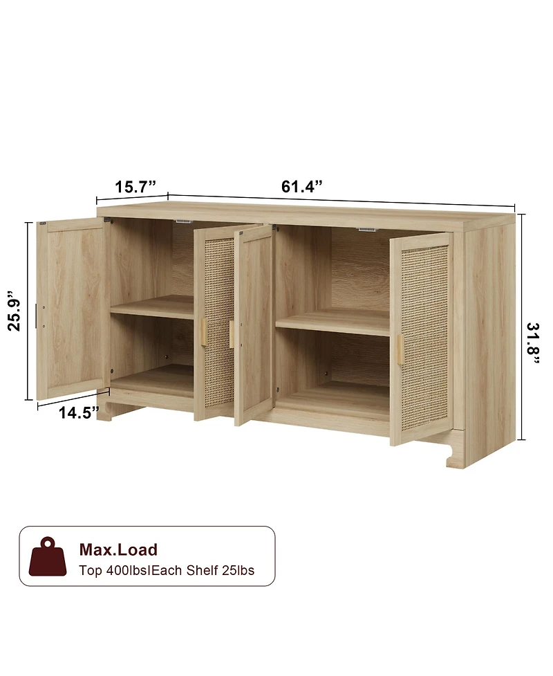 homfan Modern 4-Door Rattan Sideboard, Wooden Accent Buffet Cabinet with Ample Storage for Entryway, Living Room and Dining