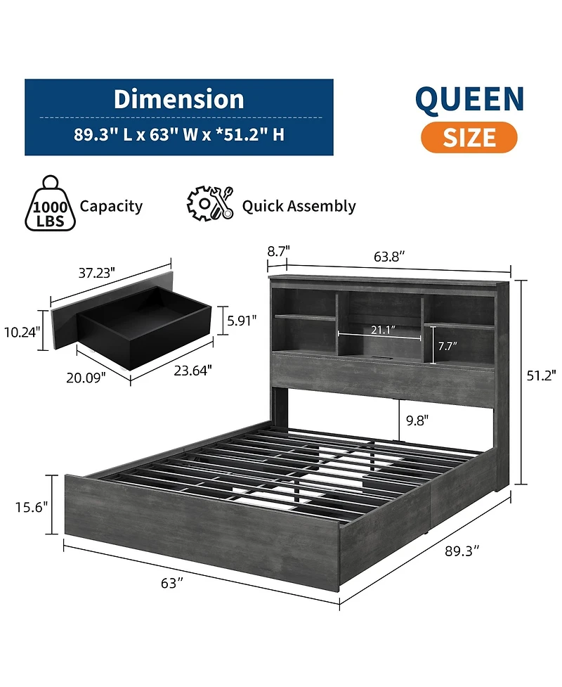 homfan 51" Tall Storage Headboard Bed Frame – Wood Platform with 4 Drawers, Built-in Charging Station, Metal Frame, Noise-Free, Farmhouse Style