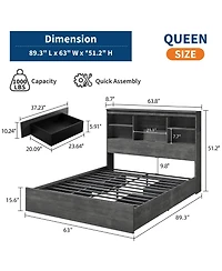 homfan 51" Tall Storage Headboard Bed Frame – Wood Platform with 4 Drawers, Built-in Charging Station, Metal Frame, Noise-Free, Farmhouse Style