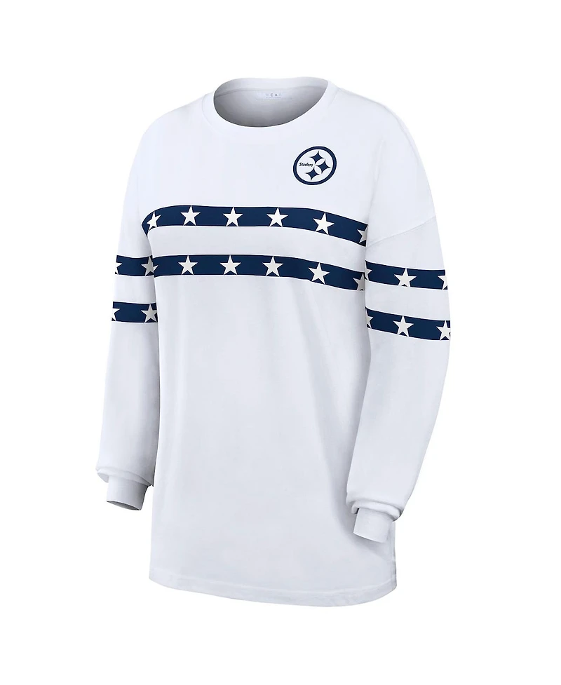 Wear by Erin Andrews Women's White Pittsburgh Steelers Americana Stripe Long Sleeve T-Shirt