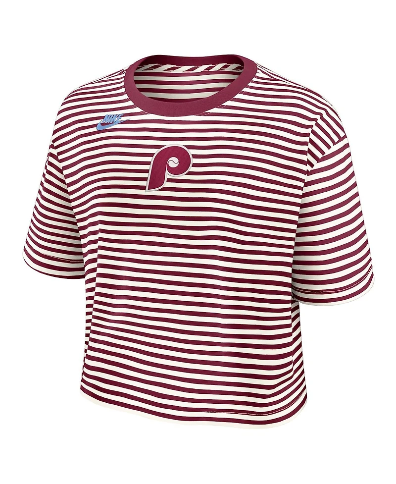Nike Women's Burgundy/Cream Philadelphia Phillies Cooperstown Collection Striped Cropped T-Shirt