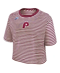 Nike Women's Burgundy/Cream Philadelphia Phillies Cooperstown Collection Striped Cropped T-Shirt