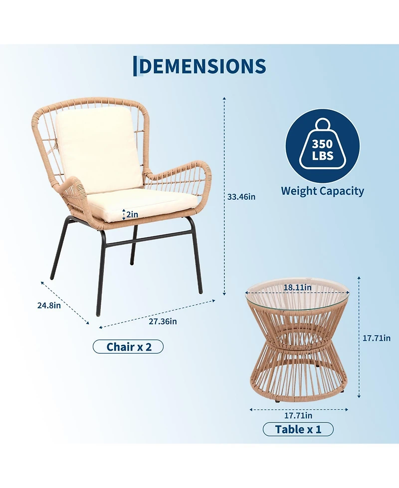 gaomon 3 Piece Outdoor Rattan Patio Bistro Set with Glass Top Table and 2 Chairs, All Weather Patio Furniture for Backyard, Poolside, Porch, Balcony