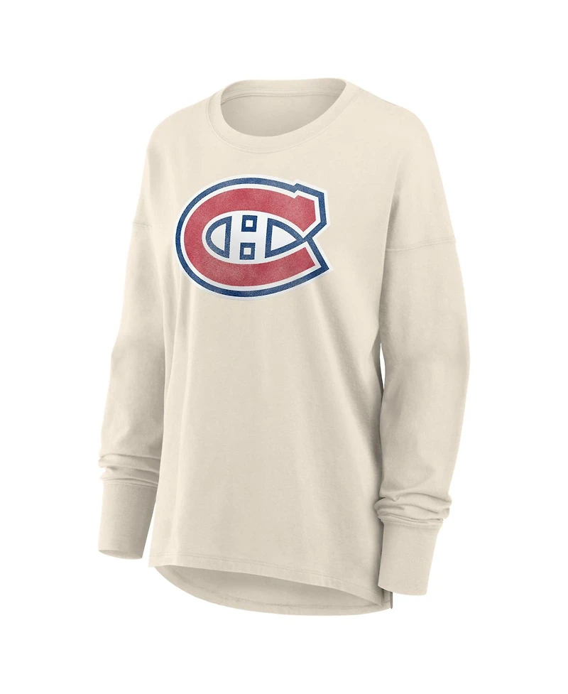 Fanatics Women's Cream Montreal Canadiens Distressed Logo Long Sleeve T-Shirt