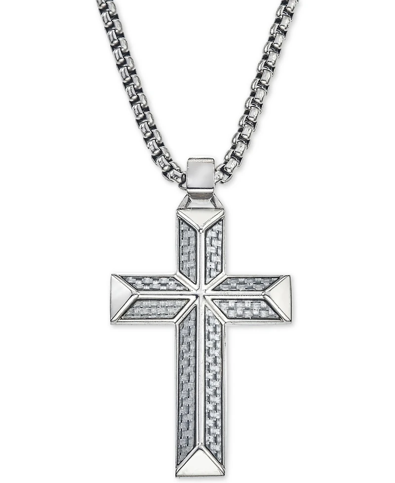 Esquire Men's Jewelry Cross Pendant Necklace in Gray Carbon Fiber and Stainless Steel, Created for Macy's