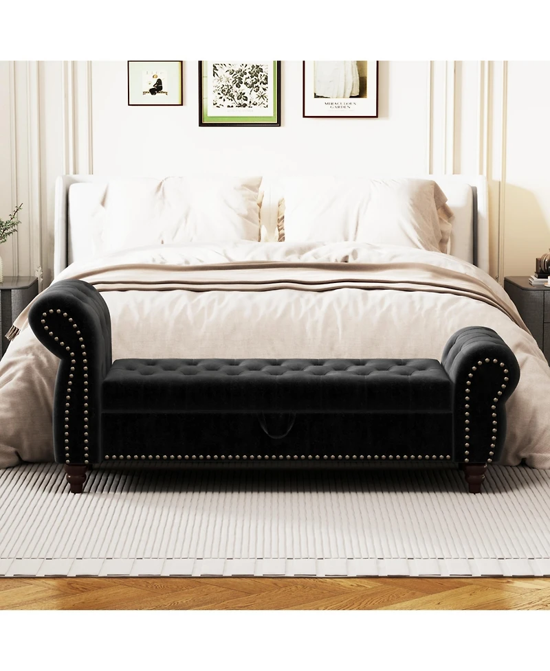 Flynama 64.5 Inch Velvet Tufted Storage Bed Bench with Antique Copper Nailhead Trim, Upholstered Chaise Lounge for Bedroom Living Room