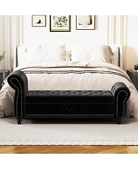 Flynama 64.5 Inch Velvet Tufted Storage Bed Bench with Antique Copper Nailhead Trim, Upholstered Chaise Lounge for Bedroom Living Room