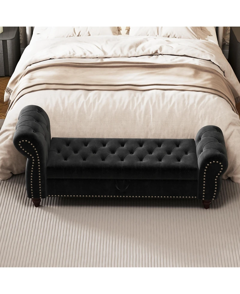 Flynama 64.5 Inch Velvet Tufted Storage Bed Bench with Antique Copper Nailhead Trim, Upholstered Chaise Lounge for Bedroom Living Room