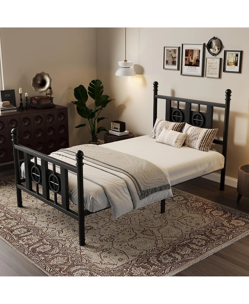 homfan Durable Metal Platform Bed Frame with Retro Circular Design, Headboard and Footboard Included, Underbed Storage Space