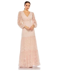 Mac Duggal Women's Sequined Tiered Wrap Over Puff Sleeve Gown