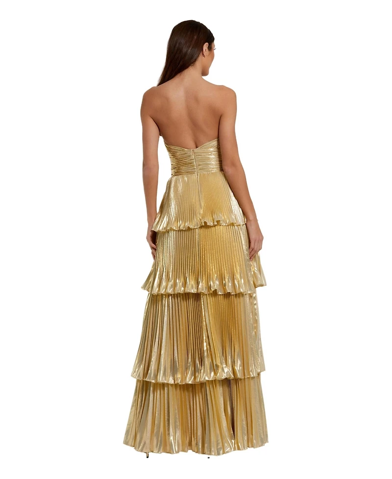 Mac Duggal Petite Strapless Metallic Pleated Tiered Gown