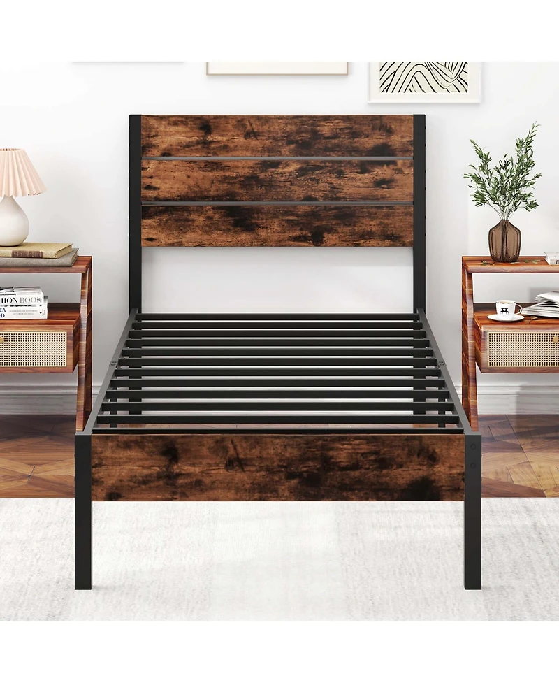 Costway Bed Frame with Tall Industrial Headboard Heavy-Duty Metal Slats Support