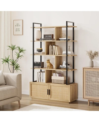 gaomon 5 Tier Rattan Bookshelf with Storage Cabinet Industrial Style Open Shelf Bookcase for Home Living Space