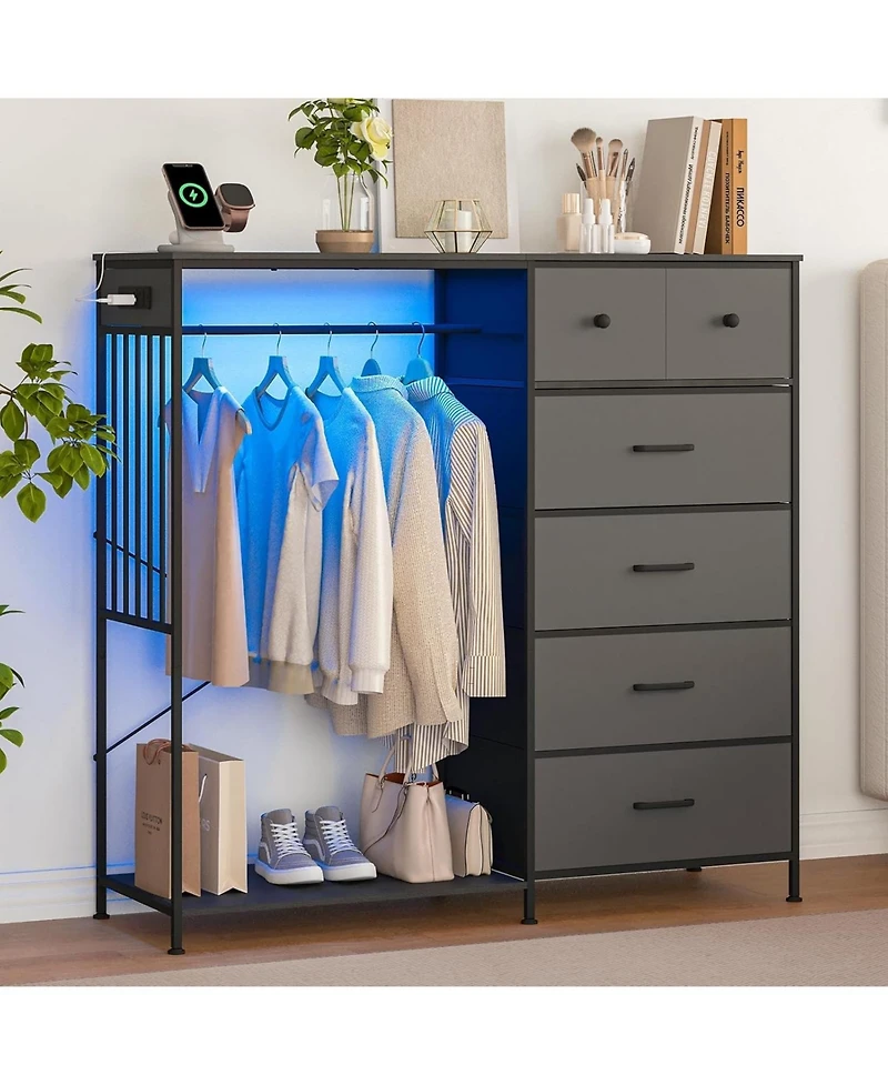 gaomon 6-Drawer Fabric Dresser with Hanging Rack, Led Lights and Charging Station - Open Wardrobe Organizer, Sturdy Storage for Bedroom, Living Room
