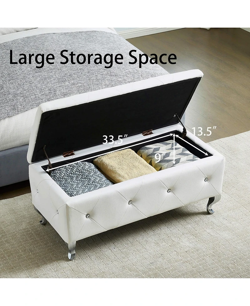 Flynama Faux Leather Storage Ottoman Bench with Crystal Buttons