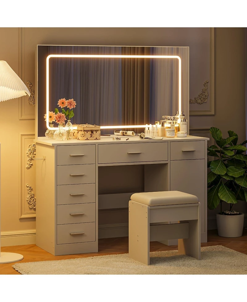 gaomon Vanity Desk with Large Led Mirror, 7 Drawers, Power Outlets, Usb Ports, Hair Dryer Holder, 3-Mode Lighting, Stool, Cabinet