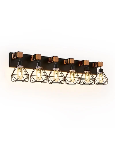 Busdays Inch Modern Geometric Light Vanity Light Fixture with Metal Wooden Accents and Cage Lampshade for Bathroom Bedroom Living Room No Bulb