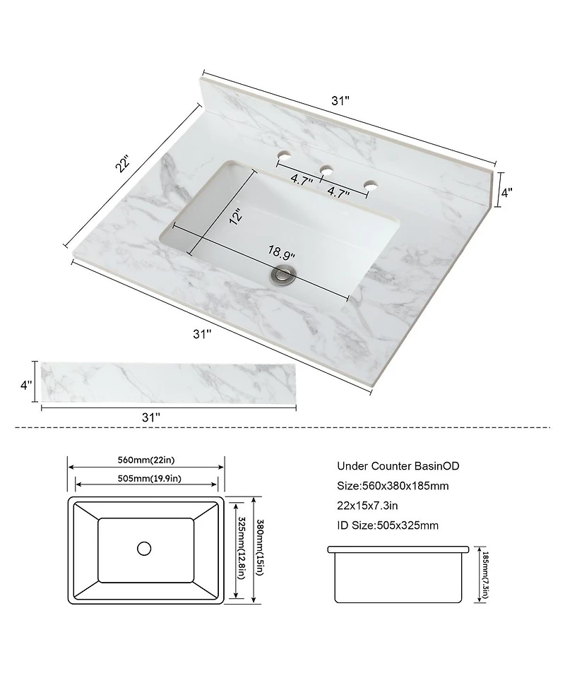 Sillysis 31/37/43/49 Inch Sintered Stone Bathroom Vanity Top with Ceramic Sink, 4 Inch Backsplash, 3 Faucet Holes