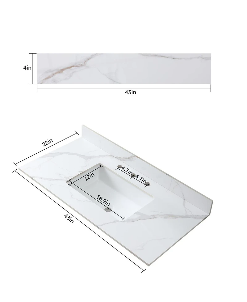 Sillysis 31/37/43 Inch Sintered Stone Vanity Top with Ceramic Rectangular Sink, 4 Inch Backsplash, 3 Faucet Holes