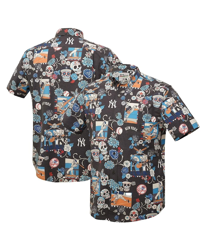 Reyn Spooner Men's Black New York Yankees Dia De Los Muertos Tri-Blend Button-Down Shirt