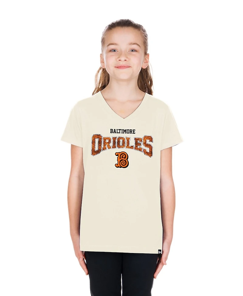 New Era Big Girls Cream Baltimore Orioles 2026 City Connect Flip Sequin V-Neck T-Shirt