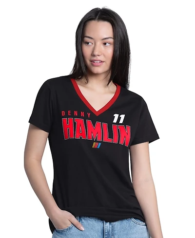 G-iii 4Her by Carl Banks Women's Black Denny Hamlin Best Team V-Neck T-Shirt
