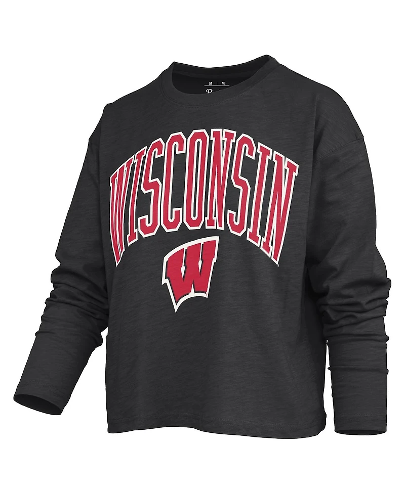 Pressbox Women's Black Wisconsin Badgers Motley Boxy Waist-Length Long Sleeve T-Shirt