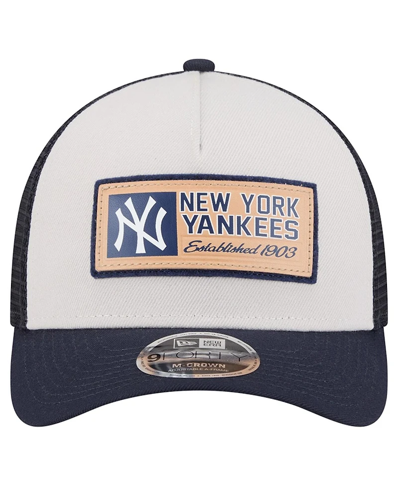 New Era Men's Stone/Navy New York Yankees Text A-Frame Trucker 9FORTY Hat
