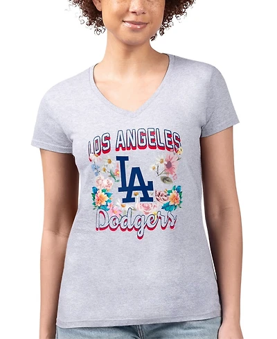 G-iii 4Her by Carl Banks Women's Heather Gray Los Angeles Dodgers Super-Slim Fit Lightweight Flowers Graphic V-Neck T-Shirt