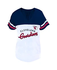 Fanatics Women's White/Navy Cleveland Guardians Plus Two-Stripe V-Neck T-Shirt