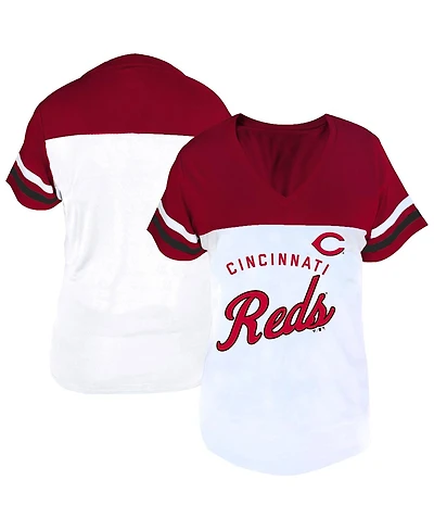 Fanatics Women's White/Red Cincinnati Reds Plus Size Two-Stripe V-Neck T-Shirt