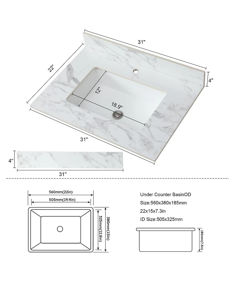 Sillysis 31/37/43 Inch Sintered Stone Bathroom Vanity Top with Rectangular Undermount Sink, 4 Inch Backsplash