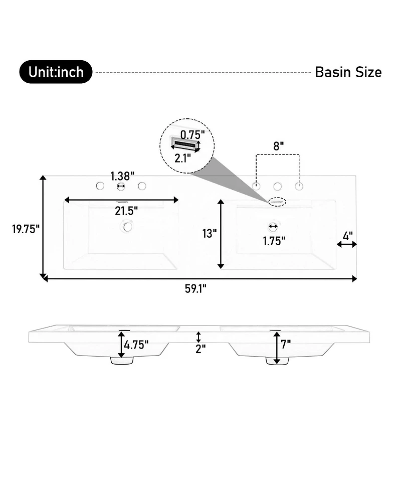 Sillysis 59 Inch Double Sink Resin Vanity Top with Rectangular Undermount Basins, Pre-Drilled 8-Inch Faucet Holes, Fits Standard Bathroom Cabinet