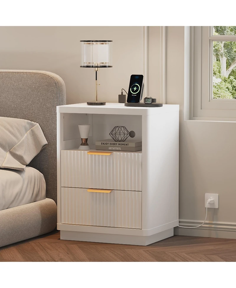 homfan Set of 2 Fluted Nightstands with Charging Station, 2-Drawer Bedside Tables with 2 Outlets and 2 Usb Ports, Metal Handles