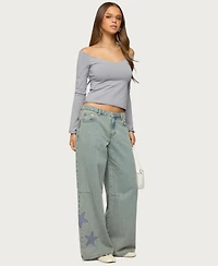 Edikted Women's Trish Satin Effect Stars Low Rise Jeans