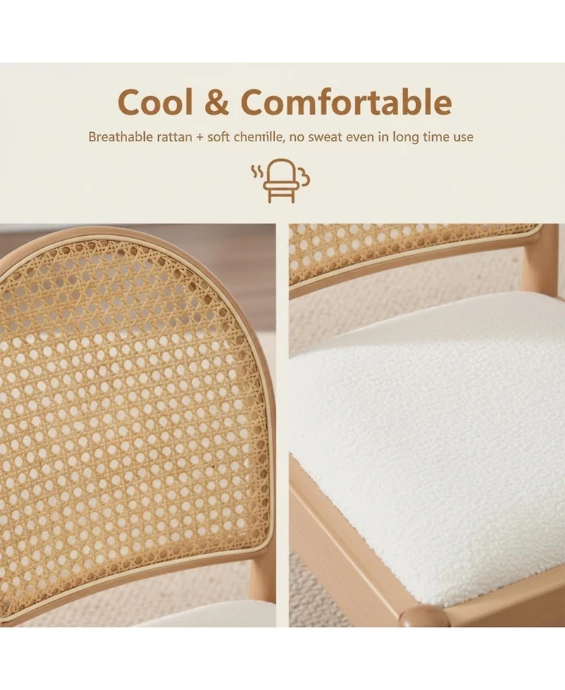 Rainsken Rattan Dining Chairs Set of 2, Upholstered Teddy fabric Dining Room Chairs, Wood Frame, for Dining Room/Kitchen/Living Room