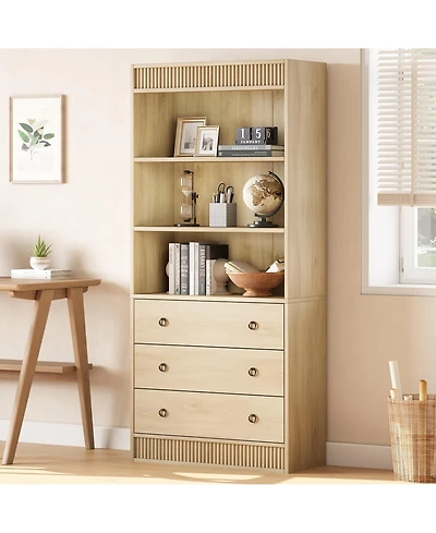 Homfan 70.8" fluted 6-tier bookcase with drawers, open shelves, and woven design-ideal storage cabinet for living room organization.