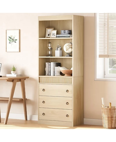 Homfan 70.8" fluted 6-tier bookcase with drawers, open shelves, and woven design-ideal storage cabinet for living room organization.